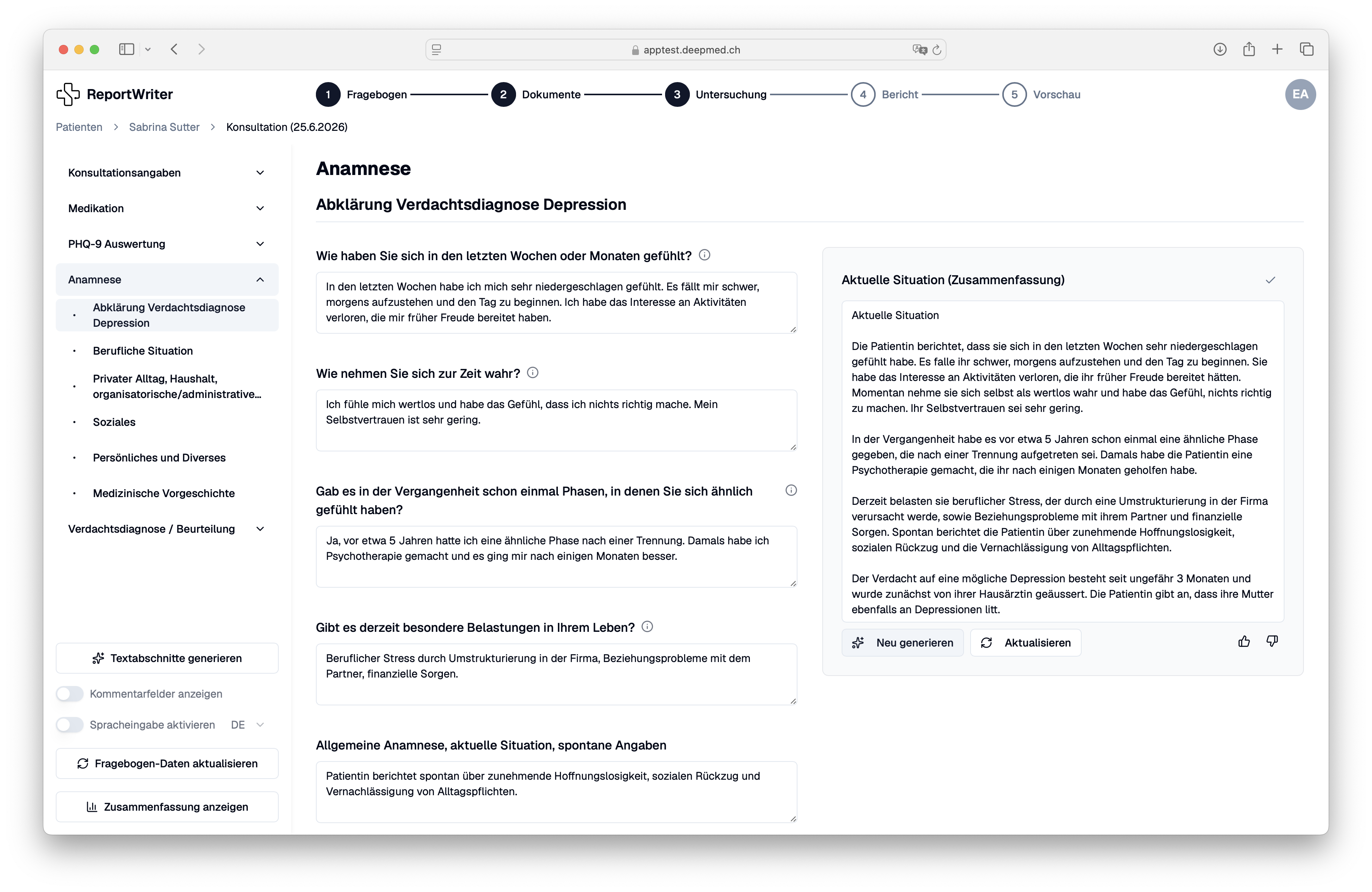 ReportWriter Untersuchungsansicht mit KI-generierter Zusammenfassung
