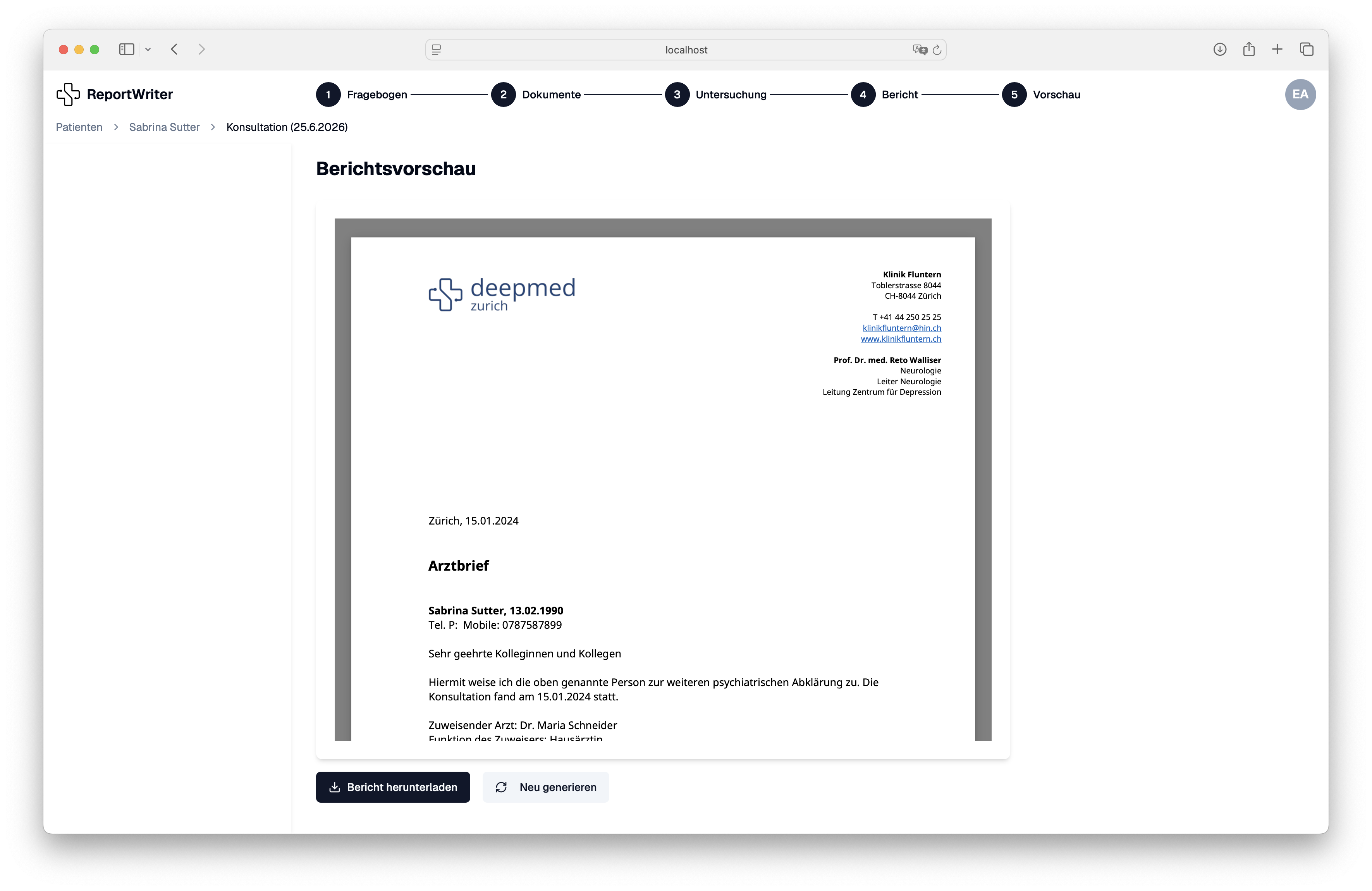 ReportWriter Vorschau des fertigen Arztbriefs als PDF