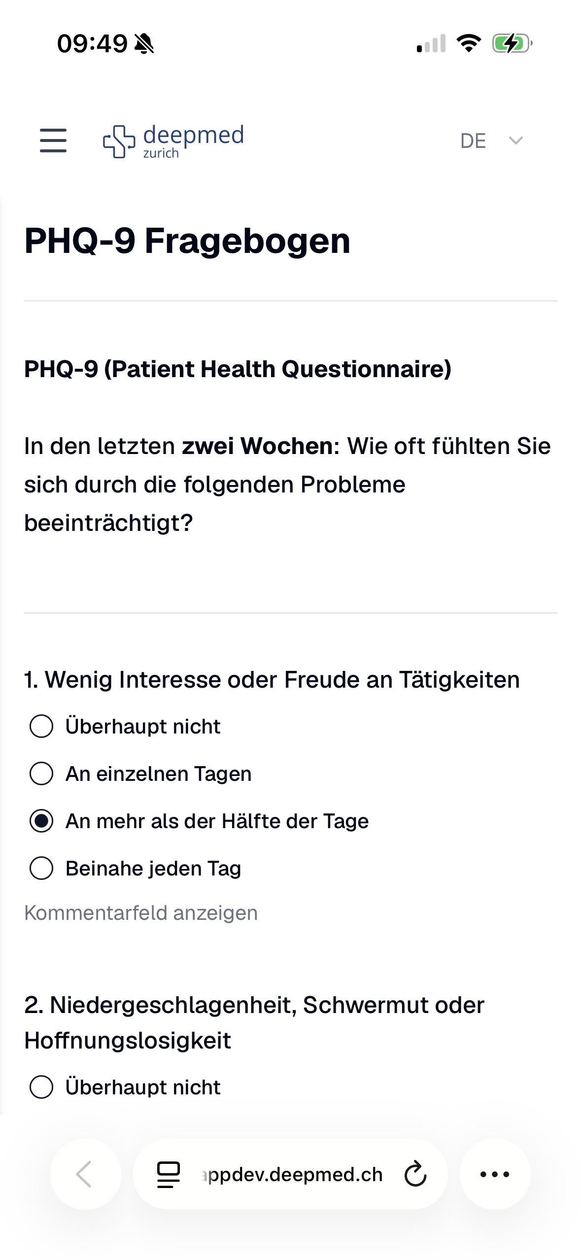 ReportWriter PHQ-9 Patientenfragebogen auf dem Smartphone