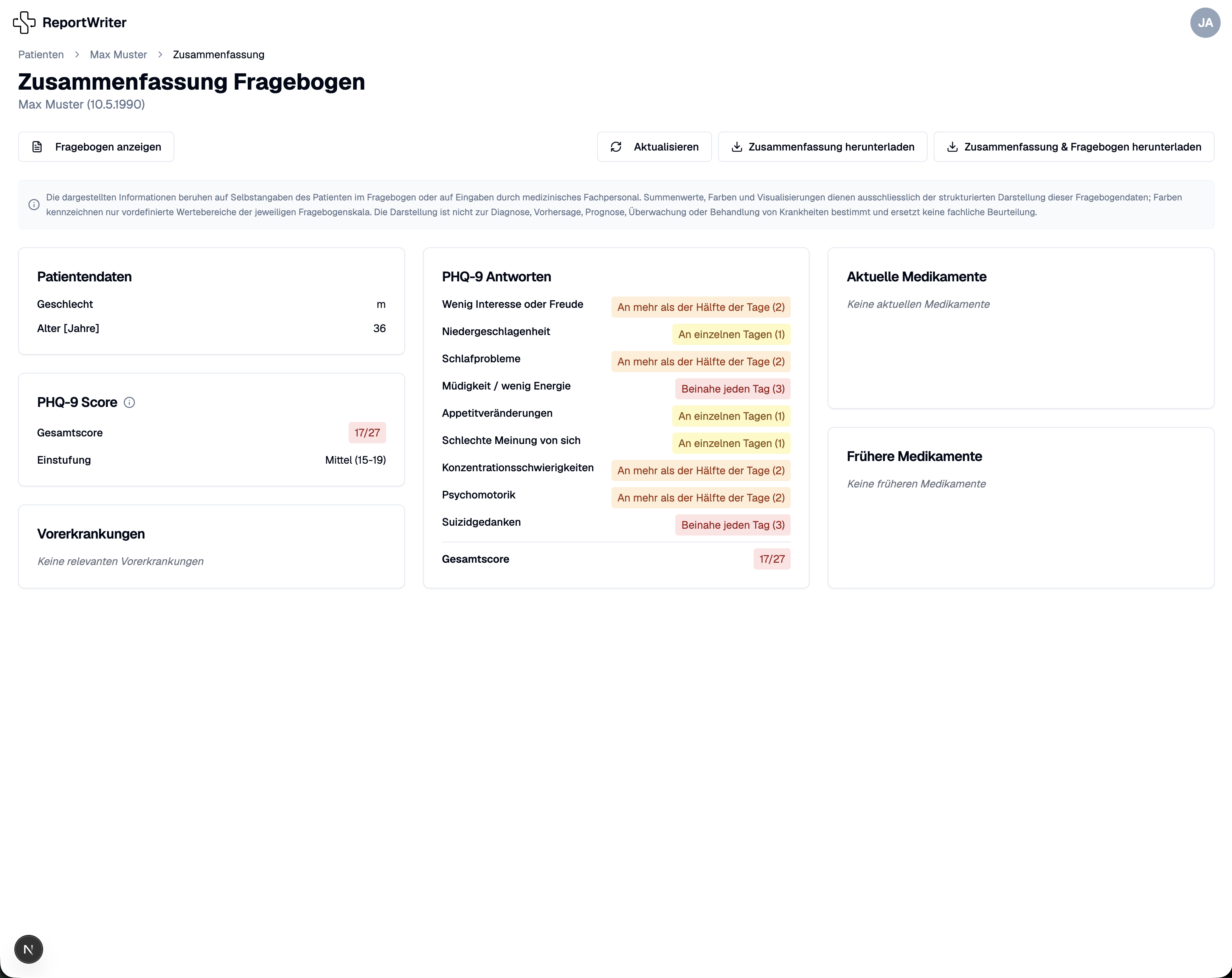 ReportWriter Fragebogen-Zusammenfassung mit PHQ-9-Auswertung