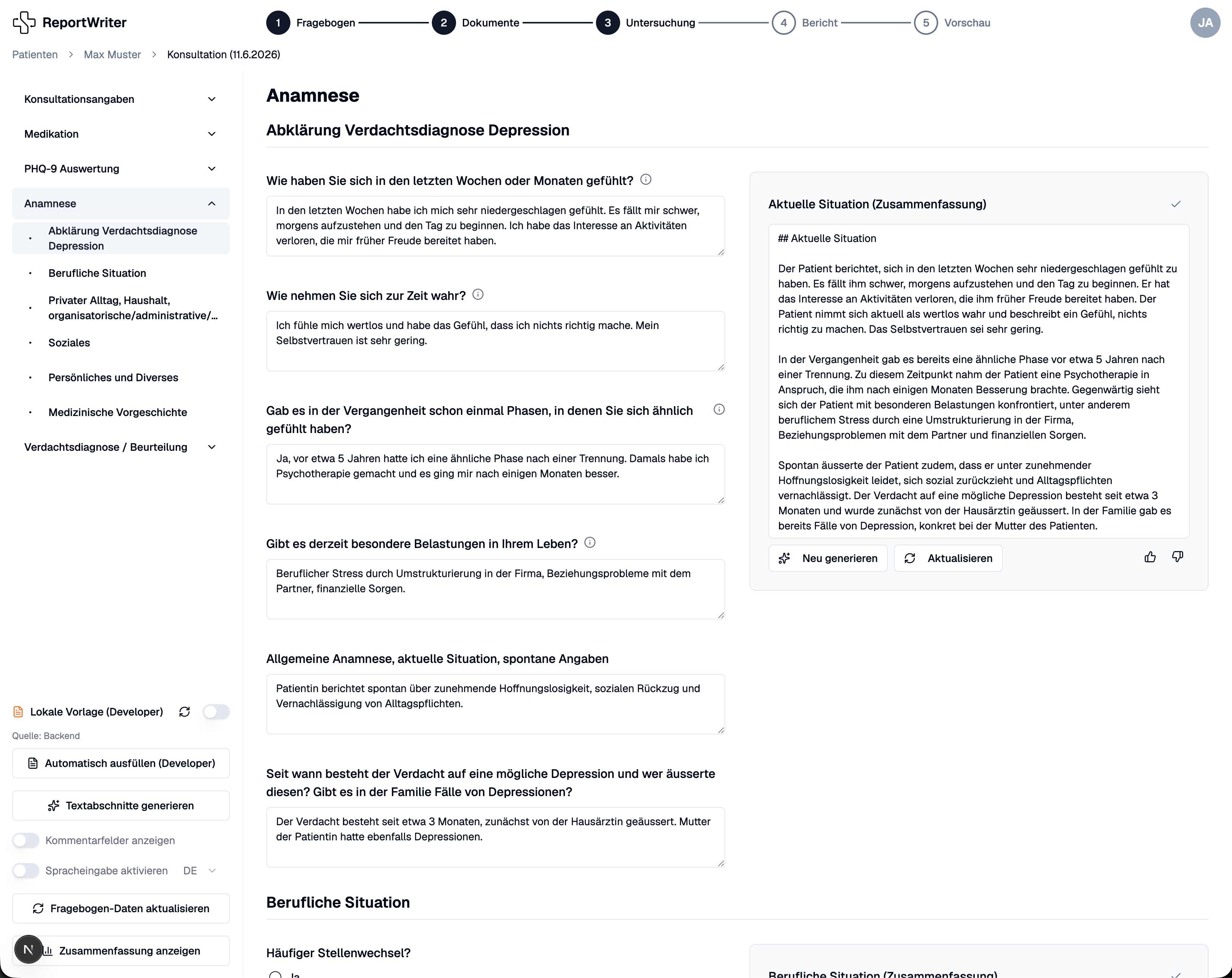 ReportWriter Untersuchungsansicht mit KI-generierter Zusammenfassung