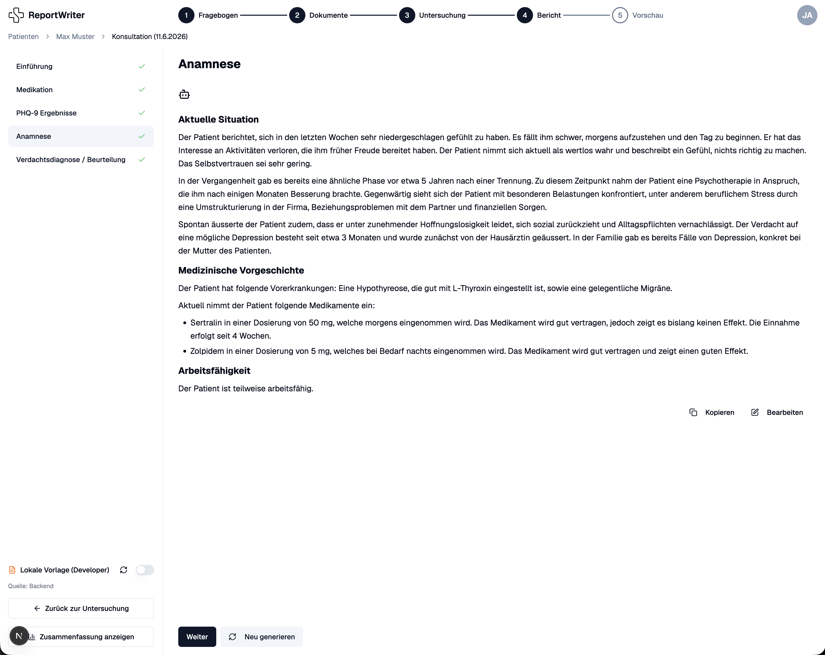 ReportWriter Berichtserstellung mit generierten Anamnese-Abschnitten