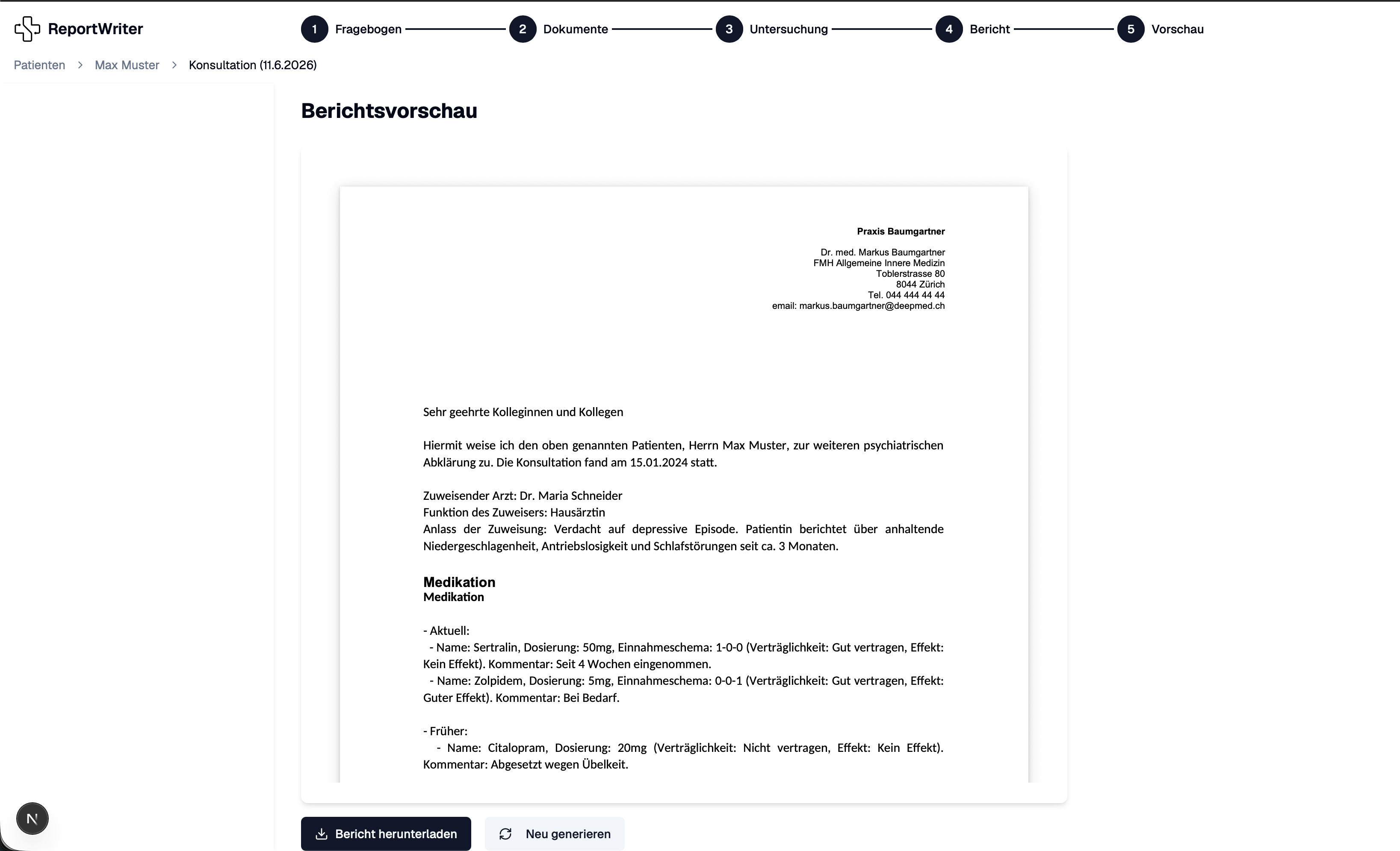 ReportWriter Vorschau des fertigen Arztbriefs als PDF