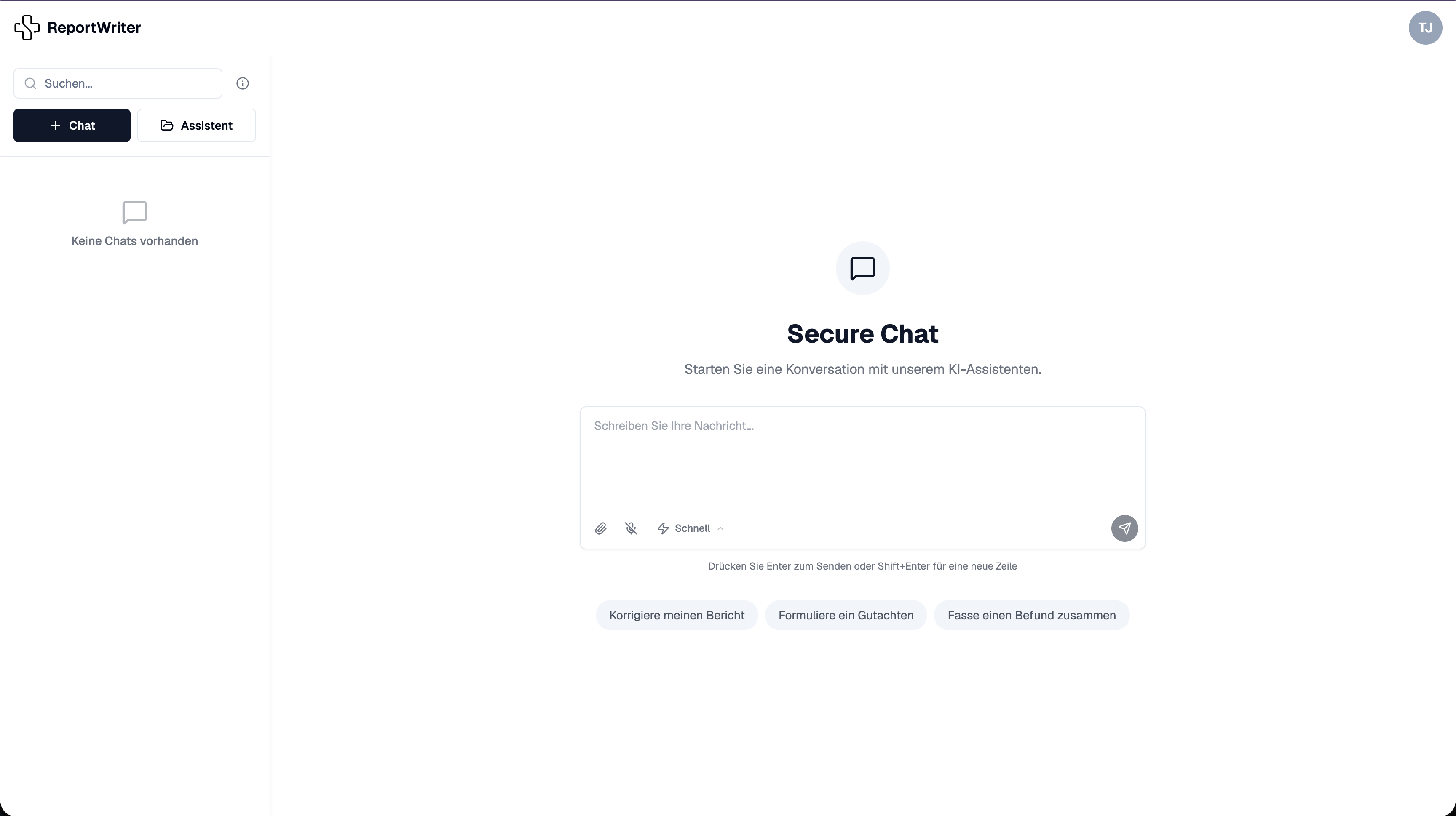 Secure Chat Startbildschirm mit Schnellstart-Vorschlägen